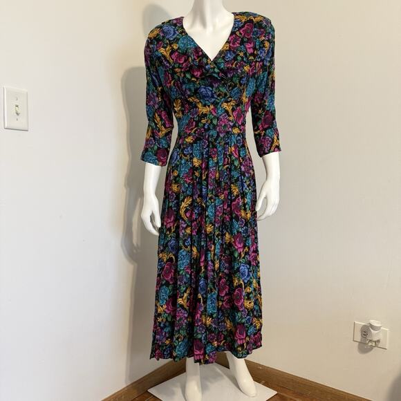 Vintage Sarah Taylor Floral Dress Size 6 80/90s Puff Sleeves - Picture 1 of 16